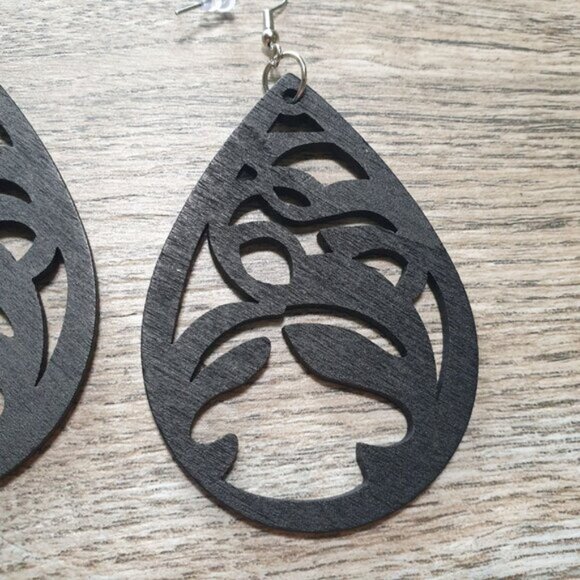 Earring Laser Cut Wood Black Teardrop Cutout  Design Wood Fishhook Backings Wome - Picture 2 of 4